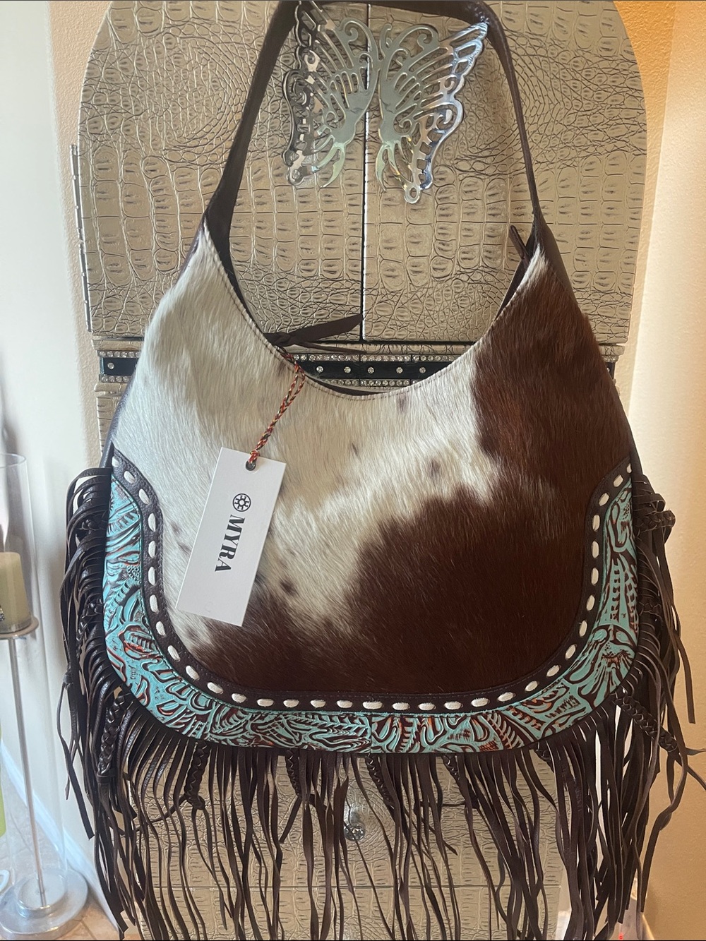 Myra Bag Brown & White Cowhide Fringe Shoulder Bag with Turquoise Tooled Trim